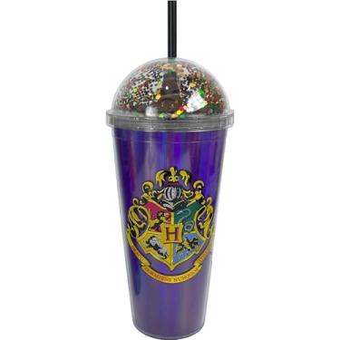 Imagem de Spoontiques Copo de acrílico Hogwarts Dome Top, 567 g - topo de cúpula cheio de glitter com estatueta fechada e canudo reutilizável coordenado - copo de viagem com isolamento de parede dupla de 25,4