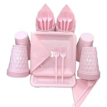 Imagem de Kit Festa Aniversario 180 Itens Candy Descartavel Diamante Premium C/Pratos Copos Garfinho Cor Pastel Azul Rosa Amarelo (Rosa Candy)