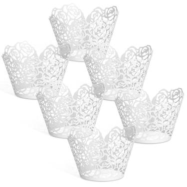 Imagem de GWHOLE Embalagens de cupcake brancas, 50 peças de forros de cupcake com design rosa, forros cortados a laser para casamentos, aniversários, decorações de festa de chá de bebê, decorações chiques de