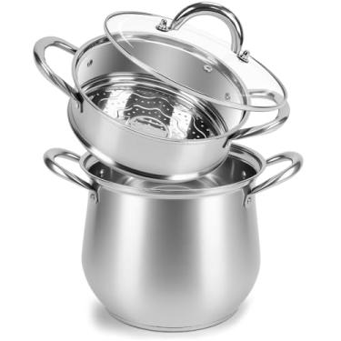 Imagem de Panela a Vapor, Conjunto de Panela Inox 5,5L 20cm, Espagueteira em Aço Inox Fundo Triplo com Tampa e Alças, Panela de Macarrão com Escorredor