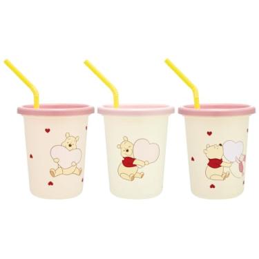 Imagem de Skater SIH3ST-A Copo com Canudo, 320 ml, Conjunto de 3, Feito no Japão, Disney, Ursinho Pooh Abraço e Coração, para meninos e meninas