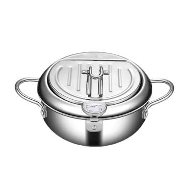 Imagem de Fritadeira a óleo de aço inoxidável, frigideira | Fogão de indução doméstico com termômetros | Panela funda, fritadeira grande, panela de sopa, escorredor removível para cozinhar lulas crocantes