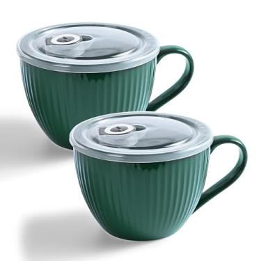 Imagem de Caneca de sopa de cerâmica com tampa, copo de sopa grande de 680 g com alça, tigela de sopa de micro-ondas para cereais matinais, aveia, aveia noturna, café, salada, lavável na lava-louças, presente
