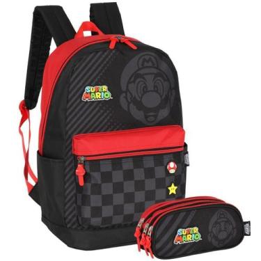 Imagem de Kit Mochila Costas Super Mario Bros Estojo Triplo Vermelho