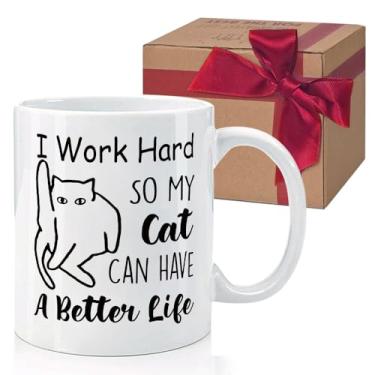 Imagem de HIWERAN Canecas engraçadas de gato para amantes de gatos, caneca de pai de gatos, I Work Hard So My Cats Can Have A Better Life, 325 ml, branca