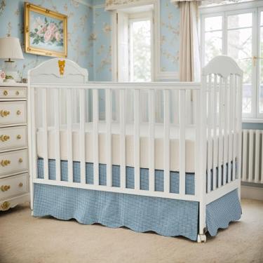 Imagem de Brandream Saia de berço de algodão com borda recortada, saia para cama de berçário boêmia neutra cor sólida chique vintage azul guingão boêmio decoração de berçário