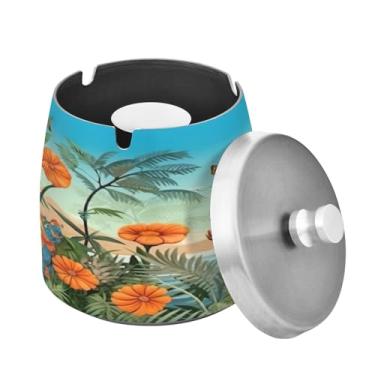 Imagem de Blueangle Cinzeiro de libélulas de flores coloridas com tampa para cigarros, à prova de vento/à prova de chuva, aço inoxidável, sem fumaça, inodoro, cinzeiro para uso interno ou externo (399)