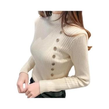 Imagem de Suéter Feminino De Malha Com Gola Alta E Manga Longa, Ajuste Slim, Cam