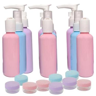 Imagem de Kit 3 Viagem 6 Frascos Plásticos com Necessaire Reutilizáveis Para Sha