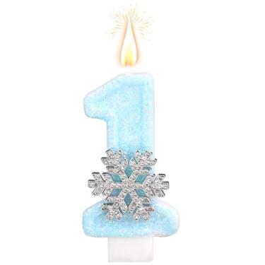 Imagem de Vela de Aniversário com Número Floco Neve, Azul Branco Strass Topos Bolo Velas Temáticas Neve Inverno para Aniversários Celebração Suprimentos para Festa Decoração (Número 1)