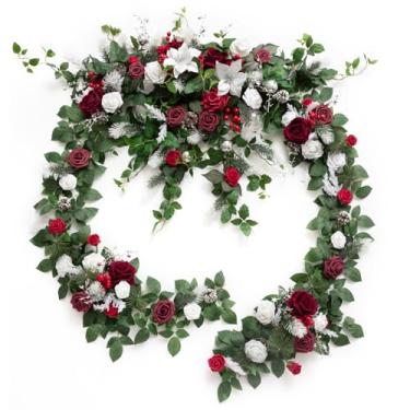 Imagem de Ling's moment Guirlanda de Natal de 2,5 m de eucalipto e folha de salgueiro com flor branca, mesa de coração de casamento feita à mão, decoração de mesa de cabeça, decoração de cenário de arco para