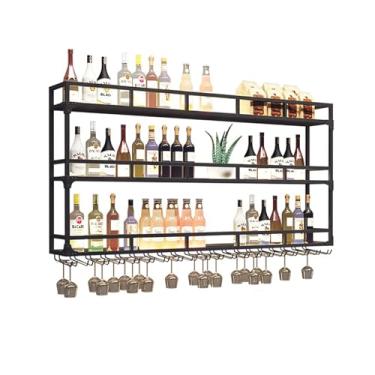 Imagem de GKPSSURV Rack de armazenamento de vinho montado na parede com luz LED, prateleiras suspensas de bar, prateleira de exibição de garrafa de licor, prateleira de parede flutuante industrial com suporte