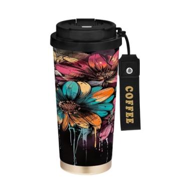 Imagem de STAYTOP Copo de café de aço inoxidável de 500 ml, pintura floral colorida, caneca de café isolada com tampa, copo de café à prova de derramamento, copos portáteis reutilizáveis para bebidas quentes e