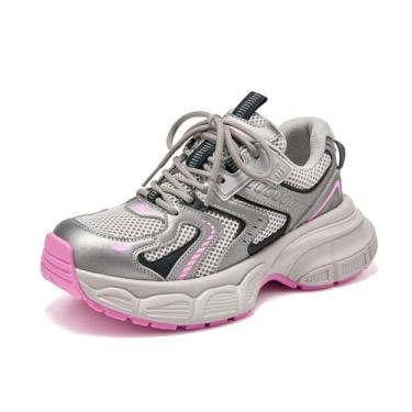 Imagem de BEAU TODAY Tênis de caminhada feminino, moderno, tênis de caminhada para mulheres, plataforma grossa, com cadarço, confortável, leve, casual, tênis, corrida, tênis atlético, Prata - rosa, 39