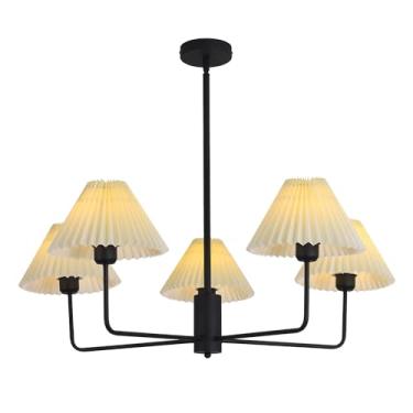 Imagem de Luminária de teto vintage com tecido plissado, estilo moderno de meados do século XX, lustre preto, lustre branco grande contemporâneo, lustre de 5 luzes para sala de jantar e sala de estar.
