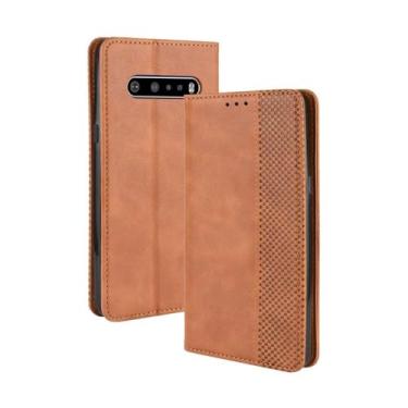 Imagem de Capa flip de couro para LG V60 ThinQ 5G,Flip magnético retro,Caso de telefone de couro PU,Design de carteira com 3 slots de cartão e 1 clipe de dinheiro -Brown