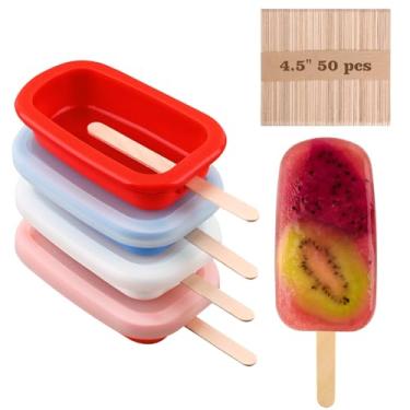 Imagem de Sakolla 4 moldes de picolé de silicone com tampa e 50 palitos de picolé de madeira, moldes ovais clássicos empilháveis de sorvete para picolé caseiro, bolos, iogurte congelador e suco de frutas