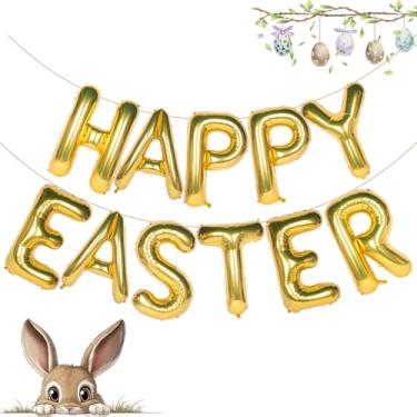 Imagem de Balões de letras douradas Happy Easter, decorações de Páscoa grandes de 40,6 cm para suprimentos de festa de primavera, balões de alumínio premium, guirlanda de bandeira, lembrancinha de festa para