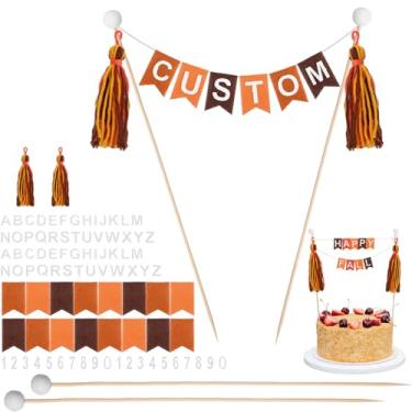 Imagem de Breling Conjunto de 90 peças de topo de banner de bolo personalizado, banner de bandeira feito à mão, número do alfabeto de votação de madeira, para aniversário, casamento, decoração de bolo