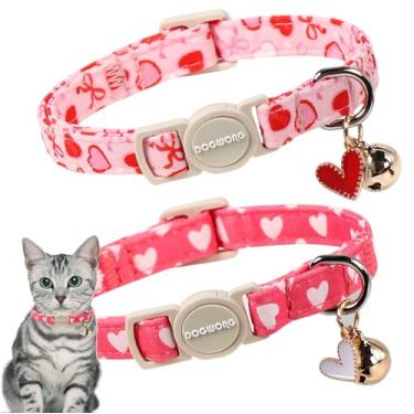 Imagem de Coleira para gatos Dia dos Namorados, pacote com 2 coleiras para gatos Breakaway with Bell, DOGWONG Safety Buckle Cat Collar Blue Heart para meninas, meninos, gatos e cães pequenos, ajustável de 18 a