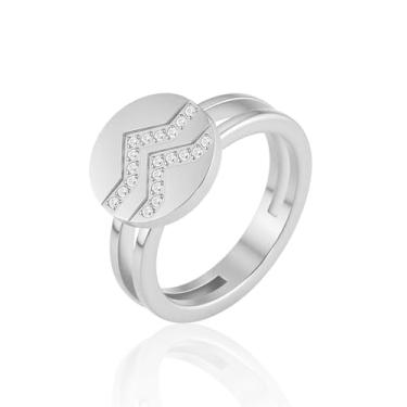 Imagem de JINHUI Anel banhado a ouro 18 K para mulheres, delicado anel de zircônia cúbica banhado a ouro 18 K - Elegante configuração de zircônia cúbica de camada dupla em V invertido, anéis de compromisso de