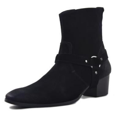 Imagem de OSSTONE Bota social masculina de couro Chukka Designer Botas casuais de salto com zíper OS-JY002-US, Couro de camurça preta com cinto, 42