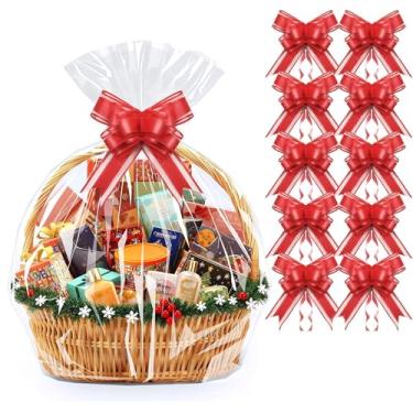 Imagem de PigPotParty Pacote com 10 sacos de celofane com 10 laços, embalagem grande de celofane de 76 cm x 101 cm para cestas de presente, sacos de presente de plástico transparente resistente a rasgos para