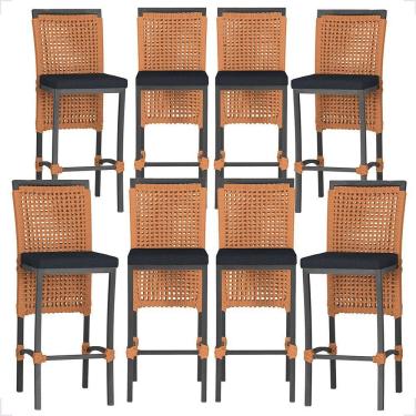 Imagem de 8 Banquetas Em Alumínio Roma Preta Corda Náutica Tecido 12 Terra Cota