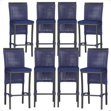 Imagem de 8 Banquetas Em Alumínio Roma Preta Corda Náutica Tecido 10 Azul