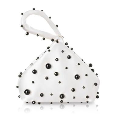 Imagem de BABEYOND Bolsas clutch para mulheres – Bolsa de cetim para noite triangular bolsa pérola para festa de formatura de casamento, Branco com pérolas pretas, One Size