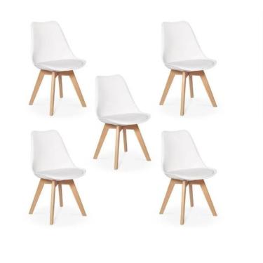 Imagem de Kit C-5 Cadeiras Leda ? Charles Eames Saarinen Wood Com Almofada Branca