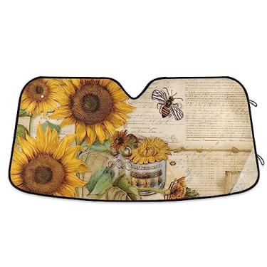 Imagem de Guarda-sol vintage para para-brisa de carro com abelha de girassol para cartão postal, proteção UV, para-sol dobrável para janela de carro, acessórios para janela de carro