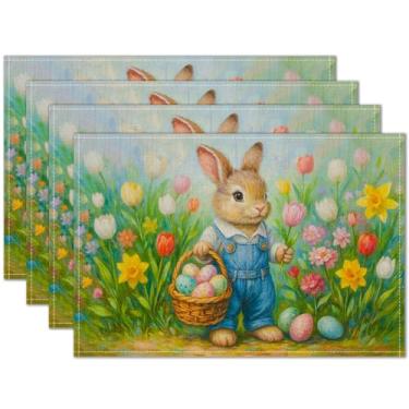 Imagem de HOMETITUTE Jogo americano de Páscoa, conjunto de 4 tapetes de mesa de 30,5 x 45,7 cm, cesta de ovo de coelho, para jantar, roupa de cama, decoração de cozinha de fazenda, tapete de mesa para uso ao ar