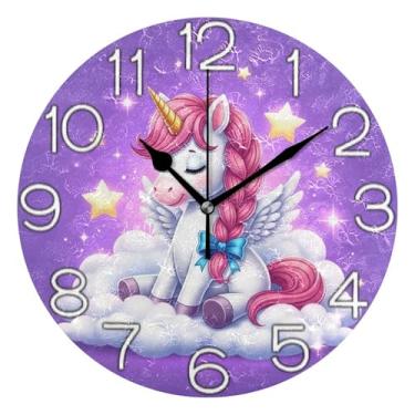 Imagem de GAIGEO Relógio de parede analógico decorativo estético silencioso sem tique-taque relógio de cozinha rústico, retrô moderno art déco decoração de parede bonito rosa unicórnio roxo, 25 cm, ponteiros