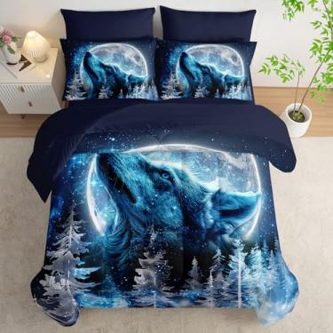 Imagem de AILONEN Conjunto de edredom de casal para meninos, 7 peças, lua estrelada azul e lobo com estampa de floresta de inverno, lençol de cima, 2 fronhas, 2 fronhas