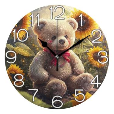 Imagem de GAIGEO Relógio de parede analógico decorativo operado por bateria relógio de cozinha fofo, decoração de parede art déco retrô moderno urso de pelúcia fofo vibrante vívido, 25 cm, ponteiros dourados