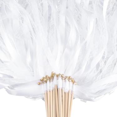 Imagem de CRASPIRE 100 peças de varinhas de fita de casamento fitas brancas com sino vintage antigo branco desejo de fada poliéster renda seda madeira varinhas para aniversário, festa de casamento, decoração de