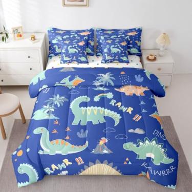 Imagem de Feelyou Jogo de cama infantil de dinossauro, desenho animado de dinossauro, 7 peças, para crianças, meninos, meninas, dinossauros fofos, na selva, azul, verde, macio, leve