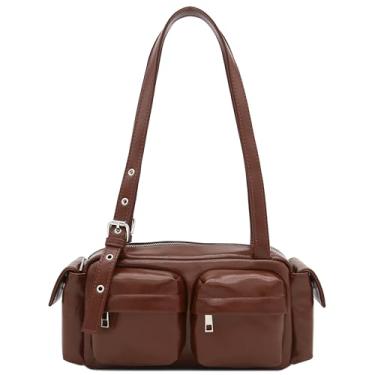 Imagem de FashionPuzzle Bolsa de ombro com vários bolsos cargo de couro PU, Marrom A, Bolsa moderna estilo urbano