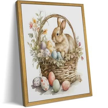 Imagem de Arte de parede de coelho da Páscoa emoldurada em madeira, pôster vintage de coelhinho da Páscoa, decoração de parede impressa, 20,3 x 25,4 cm