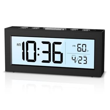 Imagem de Temracha Relógio operado por bateria, pequeno despertador de viagem com data de temperatura, tela LCD grande, despertador digital alimentado por bateria para quarto, escritório, viagens (pilhas