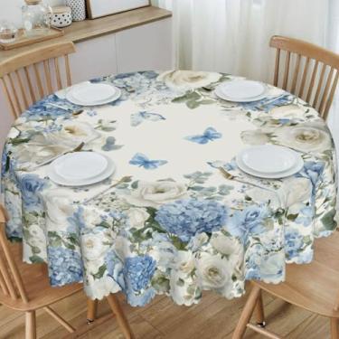 Imagem de KiuLoam Toalha de mesa redonda de primavera 152 cm azul branco hortênsia rosa floral toalha de mesa de poliéster lavável para cozinha decoração de festa de jantar
