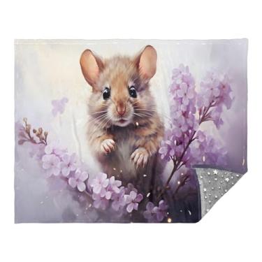 Imagem de CEBUGI Cobertor de flanela quente macio 127 x 178 cm para sofá, cama, escritório, acampamento, viagem, rato animado, flores lilás, uso em todas as estações