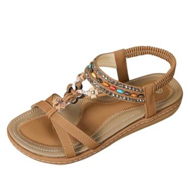 Imagem de YOUNIFIZ Sandálias rasteiras femininas confortáveis, casuais, boêmias, chinelos de verão para caminhada, Marrom claro, 36