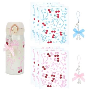 Imagem de WADORN 6 peças de adesivos de acrílico para animais de estimação, 2 peças de alça de design de laço rosa azul para garrafa de água Owala copos de vidro à prova d'água, decalques de laço de cereja