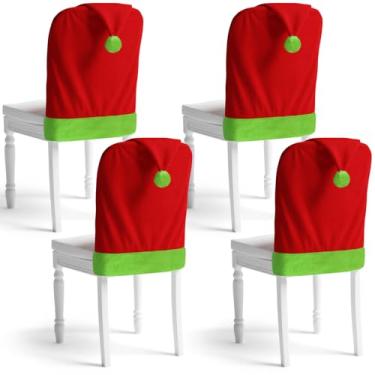 Imagem de Fiwochic 4 capas para cadeira de jantar com chapéu vermelho, bola de veludo, verde, capas de assento de cozinha para decoração de festivais de Natal