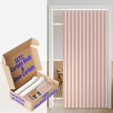 Imagem de Cortina magnética sanfonada AJAZZ 100% blackout para porta de armário invisível aplicável quarto sala de estar porta (1 pacote, 137 L x 198 C, rosa + varão)