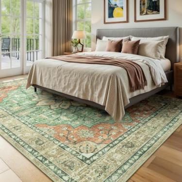 Imagem de Vibrug Tapetes laváveis para sala de estar, quarto, 12 x 18 cm para cozinha, escritório, berçário, tapete antiderrapante para interior, tapete floral vintage com estampa boho, laranja