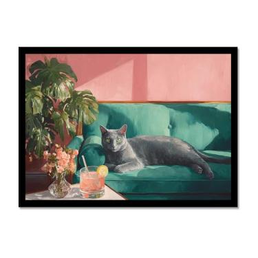 Imagem de Gato preto com Martini impressão de arte fofo gato peculiar coquetel bar decoração moderna casa cozinha arte de parede pintura em tela pôster estética (SKU9,16x24") (40 x 60 cm), moldura preta para