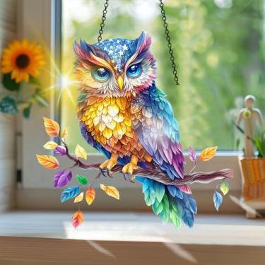 Imagem de Acrílico colorido, apanhador de sol estilo vitral estampado de coruja com reflexos de arco-íris, arte de parede para decoração de janela suspensa, ornamentos de primavera para uso interno e externo